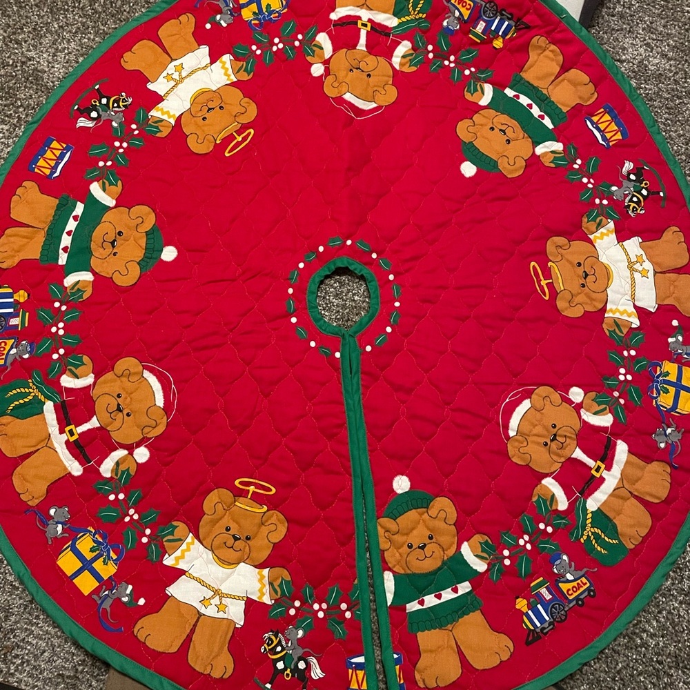 Festive Red Christmas Tree Skirt with Teddy Bears